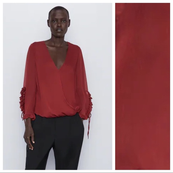 NWT. Zara Burgundy Wrap Ruffled Blouse. Size M. - Picture 2 of 6